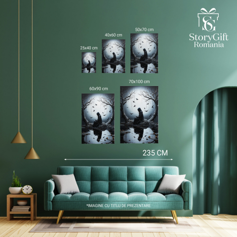 Tablou Canvas Femeie pe Piatră sub Lună Plină | Pictură Digitală cu Păsări, Marime 40x25CM [2]