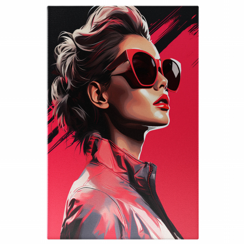 Tablou Canvas Femeie cu Ochelari de Soare | Fundal Roșu, Pictură Digitală, Marime 40x25CM