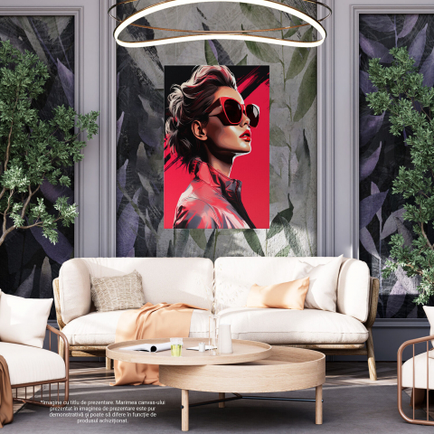 Tablou Canvas Femeie cu Ochelari de Soare | Fundal Roșu, Pictură Digitală, Marime 40x25CM [3]