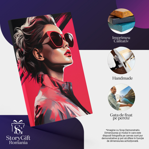 Tablou Canvas Femeie cu Ochelari de Soare | Fundal Roșu, Pictură Digitală, Marime 40x25CM [1]