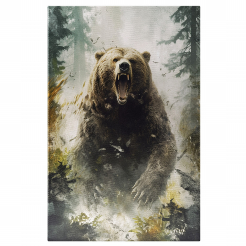 Tablou Canvas Urs Furios în Pădure | Pictură Digitală cu Brazi, Marime 40x25CM