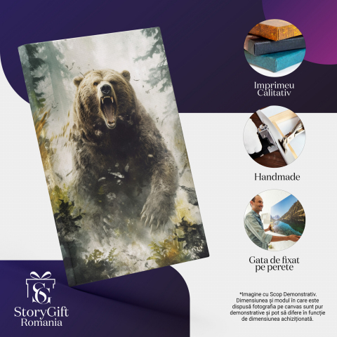 Tablou Canvas Urs Furios în Pădure | Pictură Digitală cu Brazi, Marime 40x25CM [1]