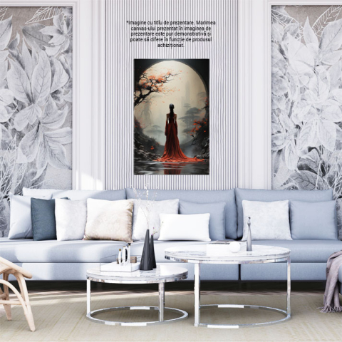 Tablou Canvas:  Ilustratie in stil japonez cu o femeie intr-o rochie rosie - eleganta luna plina Pictura Digitala 40x25CM [1]