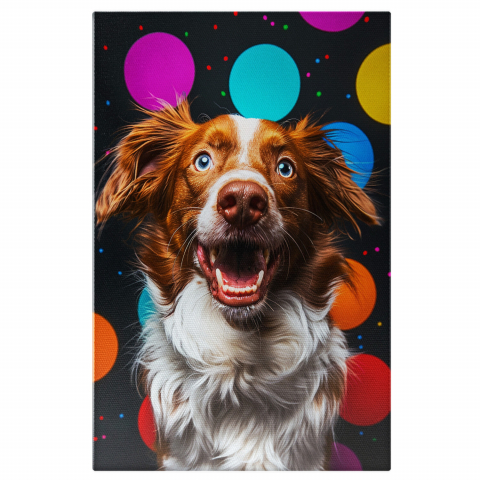 Câini - Tablou Canvas Canis Brittany cu Blana în Vânt și Cercuri Colorate, Marime 40x25CM