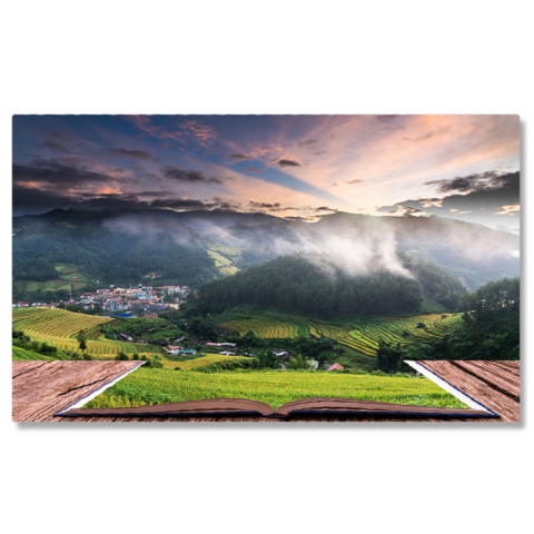 Peisaj - Tablou Canvas Imagine Conceptuala cu Campuri de Orez pe Terase Deschis, Carti, Weekend, Biblie, Apus 1438 40x25CM
