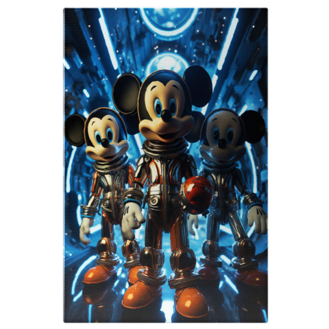 Personaje Desene Animate - Tablou Canvas:  Imagine cu Trei Cosmonauti Mickey Mouse pe o Nava -Fotografie Artistica si Animatie  Pictura Digitala 40x25CM