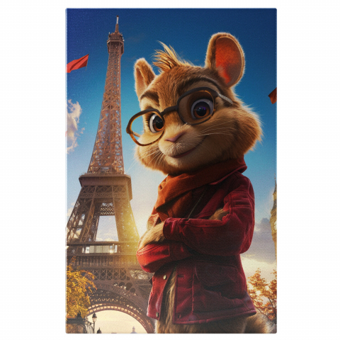 Atracții Turistice - Veveriță cu Jachetă Roșie și Ochelari lângă Turnul Eiffel - Artă Digitală și Fotografie Artistică, Marime 40x25CM