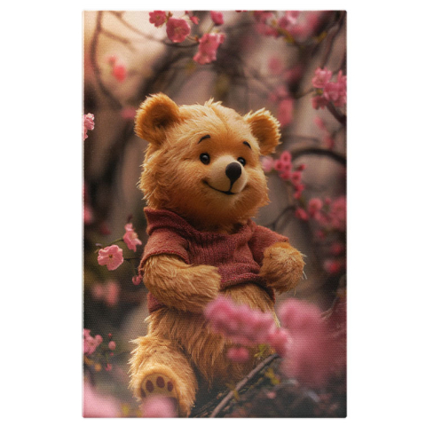 Personaje Desene Animate - Tablou Canvas:  Imaginea unui Urs de Plus  stand intr-un Pom Inflorit - Fotografie Artistica si Jucarie  Pictura Digitala 40x25CM