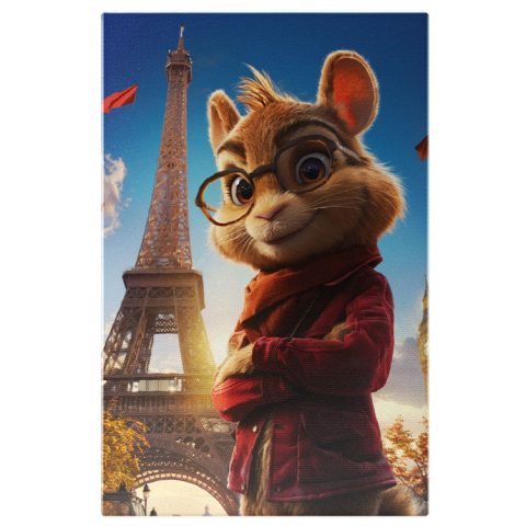 Oraș - Tablou Canvas:  Imaginea unui Veverite  cu Jacheta Rosie , Ochelari si Turnu  Eifel  - Fotografie Artistica si Animatie   Pictura Digitala 40x25CM