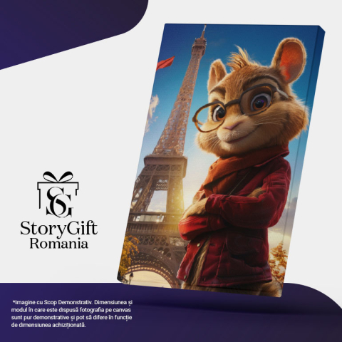 Tablou Canvas:  Imaginea unui Veverite  cu Jacheta Rosie , Ochelari si Turnu  Eifel  - Fotografie Artistica si Animatie   Pictura Digitala 40x25CM [4]