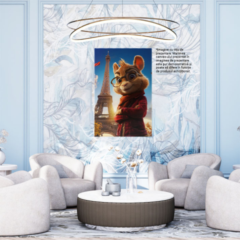 Tablou Canvas:  Imaginea unui Veverite  cu Jacheta Rosie , Ochelari si Turnu  Eifel  - Fotografie Artistica si Animatie   Pictura Digitala 40x25CM [1]