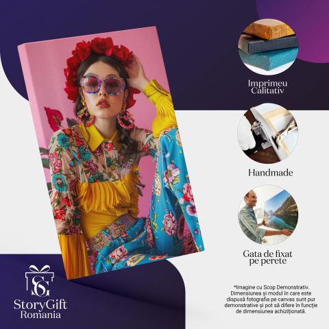 Vibrant Young Woman with Earrings and Red Lips Wearing Glasses and a Rose Crown – Digital Art, Marime 40x25CM [1]