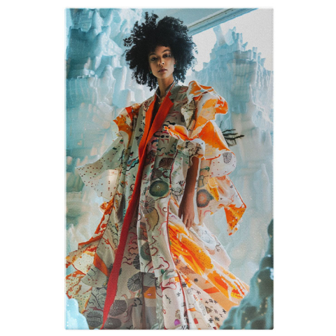 Modă - Tablou Canvas:  Îmmpărăteasa modei printre ghețari înalți - Femeie stilată cu haine portocalii Pictura Digitala 40x25CM