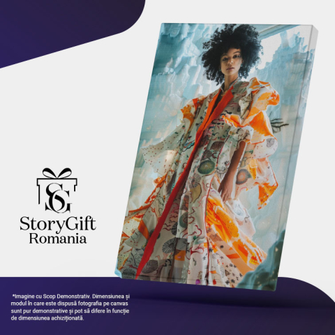 Tablou Canvas:  Îmmpărăteasa modei printre ghețari înalți - Femeie stilată cu haine portocalii Pictura Digitala 40x25CM [4]