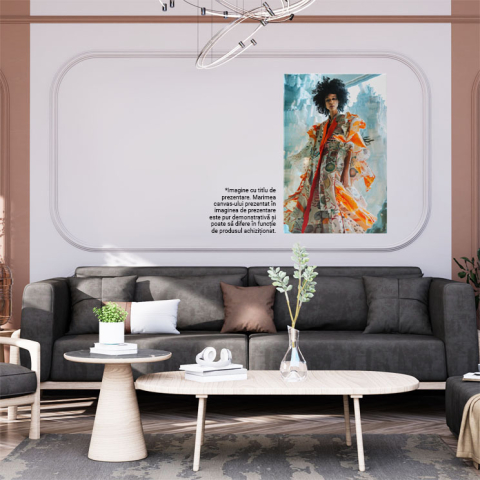 Tablou Canvas:  Îmmpărăteasa modei printre ghețari înalți - Femeie stilată cu haine portocalii Pictura Digitala 40x25CM [1]