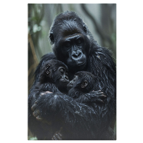 Animale - Tablou Canvas În Cercul Vieții Gorila Își Îmbrățișeaă cu Drag Puii Portret Maternal , Pictura Digitala 40x25CM