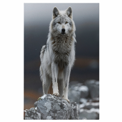 Câini - Lupul în Umbră - Repous pe Stâncile din Pădure - Pictură Digitală, Marime 40x25CM