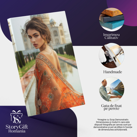 Femeie Indiană în Costum Portocaliu cu Cercei Mari și Chip Fermecător - Pictură Digitală, Marime 40x25CM [1]