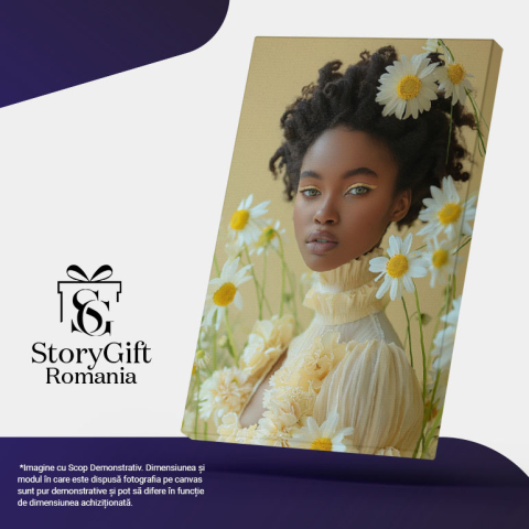 Tablou Canvas Înflorirea Gratiei Femeia de Culoare Înconjurată de Flori Delicate Albe , Pictura Digitala 40x25CM [4]