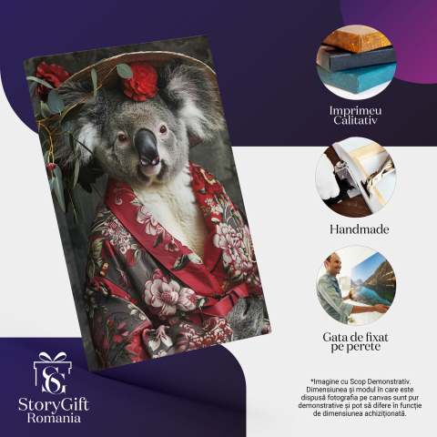 Tablou Canvas Koala în Kimono Bordo Floral - Artă cu Influențe Asiatice, Marime 40x25CM [1]