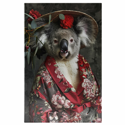 Tablou Canvas Koala în Kimono Bordo Floral - Artă cu Influențe Asiatice, Marime 40x25CM