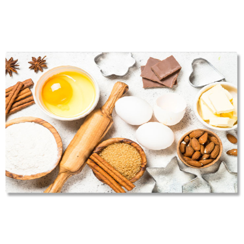 Mâncare - Tablou Canvas Ingrediente pentru Gatit si Coacere  Vedere de Sus pe Fundal alb  Condimente, arome si Ingrediente pentru Bucatarie si Coacere 40x25CM