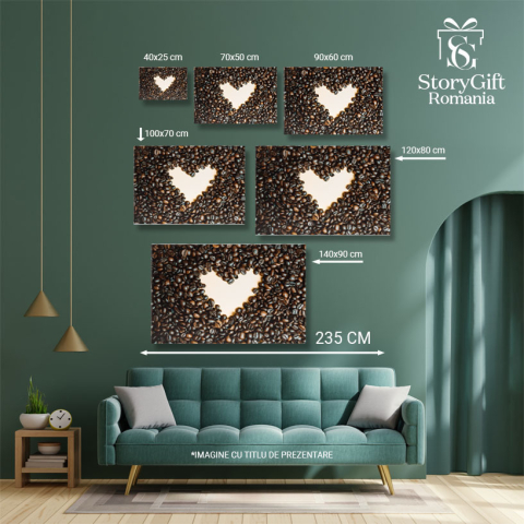 Tablou Canvas Inima Galbena Desenata in Mijlocul Multor Boabe de Cafea in  Pasarea Diminetii in arome de Cafea 40x25CM [4]