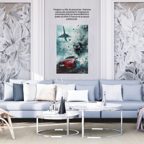 Tablou Canvas Întrecere între trei motoare puternice, mașină, motocicletă, avion- Rămășițe ce zboară de la viteză , Pictura Digitala 40x25CM [1]