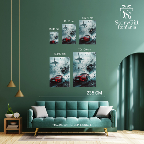 Tablou Canvas - Întrecere între Trei Motoare Puternice: Mașină, Motocicletă și Avion, Marime 40x25CM [3]