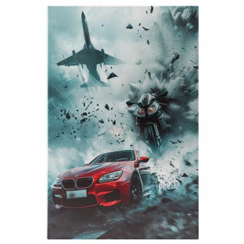 Vehicule - Tablou Canvas - Întrecere între Trei Motoare Puternice: Mașină, Motocicletă și Avion, Marime 40x25CM