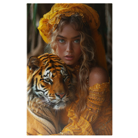 Portret - Tablou Canvas  Iubirea de Tigrii, Fata cu Esarfa Galbena si Rochie cu Perle cu Ochii Albastri tine Tigrul in Brate , Pictura Digitala 40x25CM