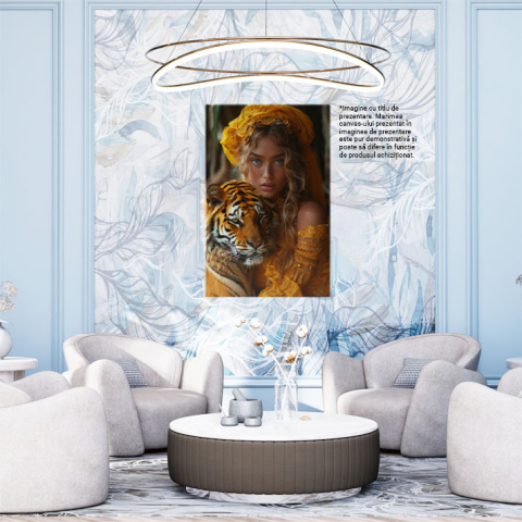 Tablou Canvas  Iubirea de Tigrii, Fata cu Esarfa Galbena si Rochie cu Perle cu Ochii Albastri tine Tigrul in Brate , Pictura Digitala 40x25CM [1]