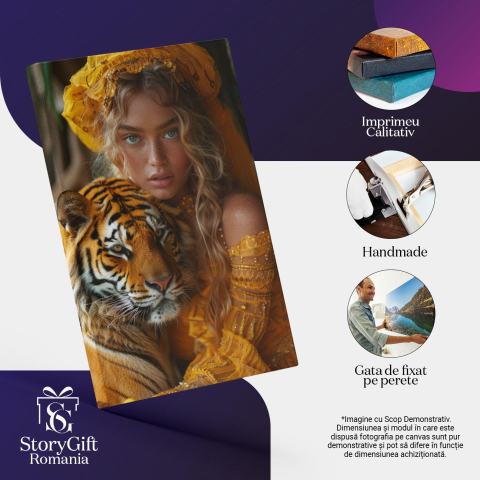 Tablou Canvas  Iubirea de Tigrii, Fata cu Esarfa Galbena si Rochie cu Perle cu Ochii Albastri tine Tigrul in Brate , Pictura Digitala 40x25CM [2]