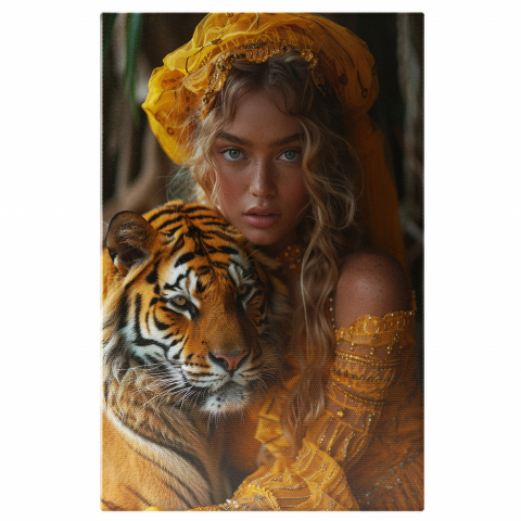 Iubirea de Tigri - Fata cu Eșarfă Galbenă și Rochie cu Perle, Marime 40x25CM