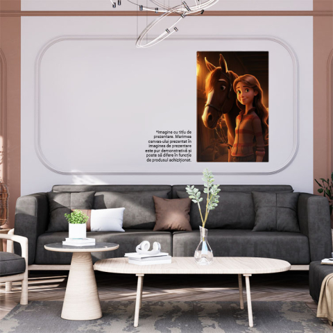 Tablou Canvas:  Iubitoare de Cai isi Ingrijeste Calutul Fericit, Fata cu Ochii Verzi si Bluza Roz Pictura Digitala 40x25CM [1]