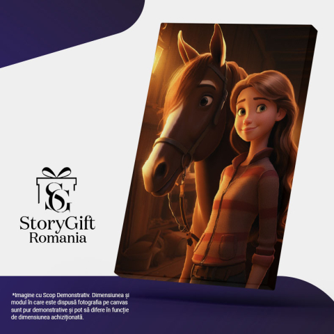 Tablou Canvas:  Iubitoare de Cai isi Ingrijeste Calutul Fericit, Fata cu Ochii Verzi si Bluza Roz Pictura Digitala 40x25CM [4]