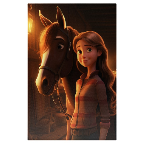 Tablouri Canvas - Tablou Canvas:  Iubitoare de Cai isi Ingrijeste Calutul Fericit, Fata cu Ochii Verzi si Bluza Roz Pictura Digitala 40x25CM