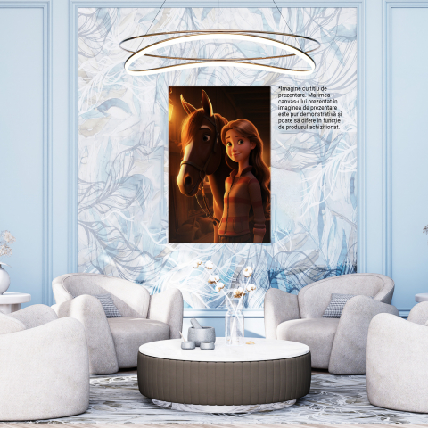 Tablou Canvas:  Iubitoare de Cai isi Ingrijeste Calutul Fericit, Fata cu Ochii Verzi si Bluza Roz Pictura Digitala 40x25CM [3]