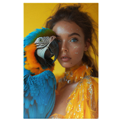 Portret - Tablou Canvas  Iubitoarea de Papagali, o Fata cu Ochii Albastri si Sclipici pe Fata cu un Papagal Mare Colorat Albastru , Pictura Digitala 40x25CM