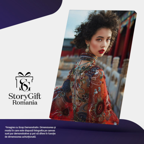 Tablou Canvas: Izul Asiatic al Clădirilor Specifice Femeia Cu Buze Roșii în Rochie cu Bijuterii Pictura Digitala 40x25CM [4]