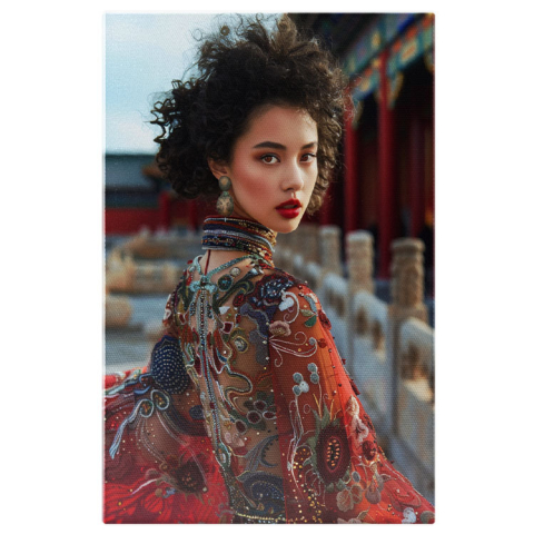 Portret - Tablou Canvas: Izul Asiatic al Clădirilor Specifice Femeia Cu Buze Roșii în Rochie cu Bijuterii Pictura Digitala 40x25CM