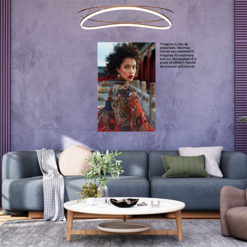 Tablou Canvas: Izul Asiatic al Clădirilor Specifice Femeia Cu Buze Roșii în Rochie cu Bijuterii Pictura Digitala 40x25CM [1]