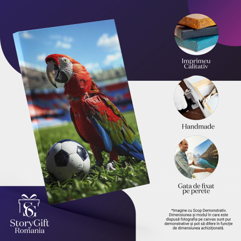 Tablou Canvas Papagal Jucând Fotbal cu Mingea Alb-Roșie | Artă Digitală, Marime 40x25CM [1]