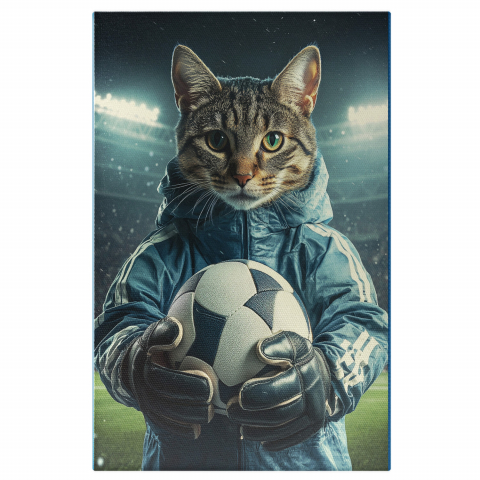 Sport -  Tablou Canvas Personalizat Jucător Fotbal Cu Jachetă Albastră Și MingeMarime 40x25CM