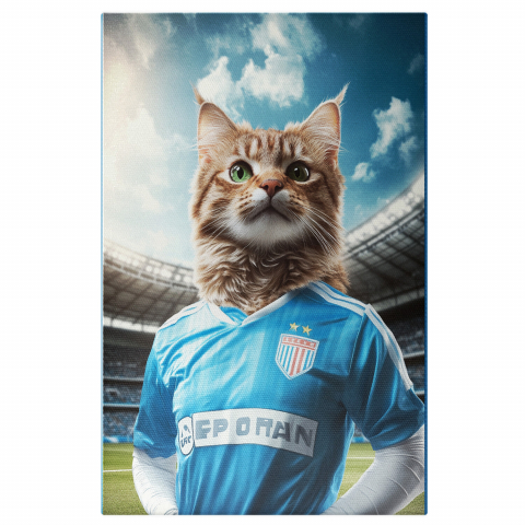 Sport -  Tablou Canvas Personalizat Jucător De Fotbal Pe Teren Cu Uniformă AlbastrăMarime 40x25CM