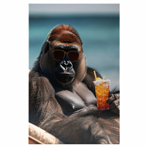 Tablou Canvas La Soare la Bronzat - Gorila cu Ochelari de Soare pe Șezlong cu Pahar de Suc, Marime 40x25CM