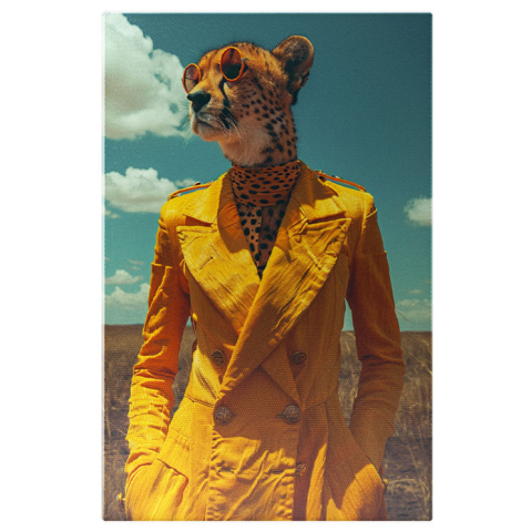 Portret - Tablou Canvas  Lady Femeia Leopard cu Ochelari si Palton Lung Galben cu Mainile in Buzunare in Lanul de Grau , Pictura Digitala 40x25CM