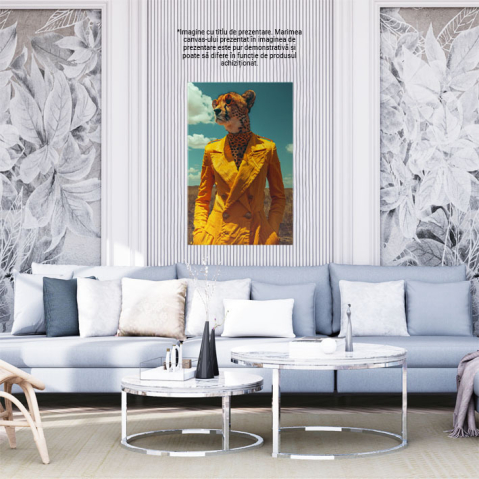 Tablou Canvas  Lady Femeia Leopard cu Ochelari si Palton Lung Galben cu Mainile in Buzunare in Lanul de Grau , Pictura Digitala 40x25CM [1]