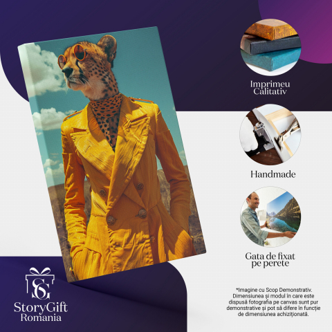 Lady Leopard cu Ochelari și Palton Galben în Lan de Grâu - Tablou Canvas, Marime 40x25CM [1]