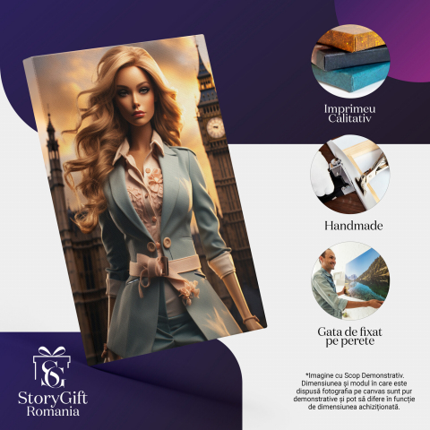 Tablou Canvas - Lady near Big Ben - Fata în Costum Albastru și Cămașă Albă, Marime 40x25CM [1]